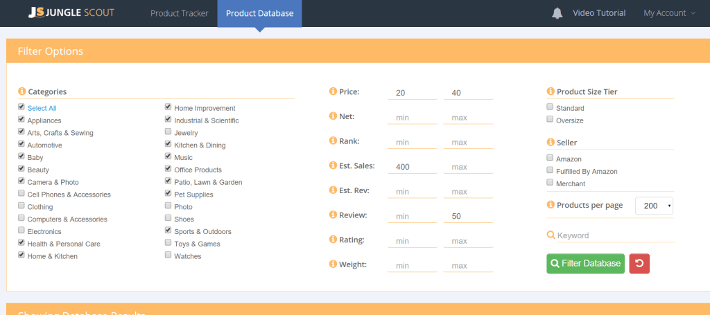 JS product database filter