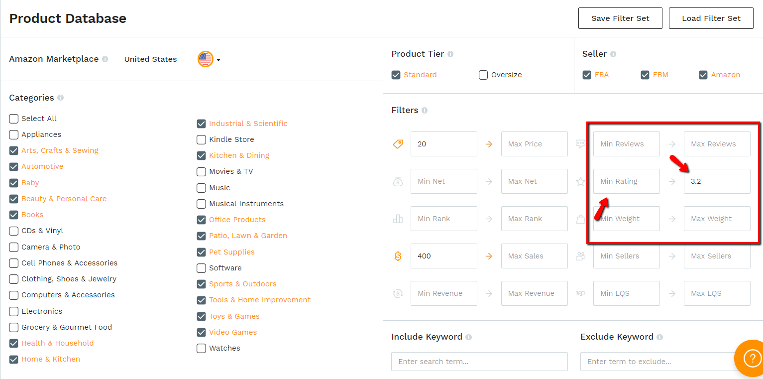 Product Database filters