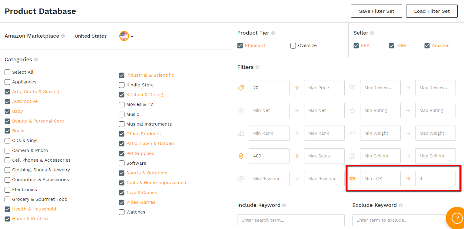 JUngle SCout Product Database filters