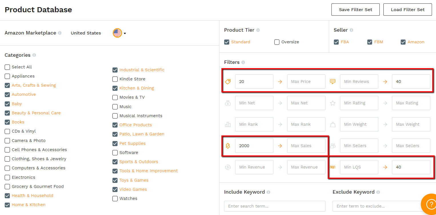 Product Database filters