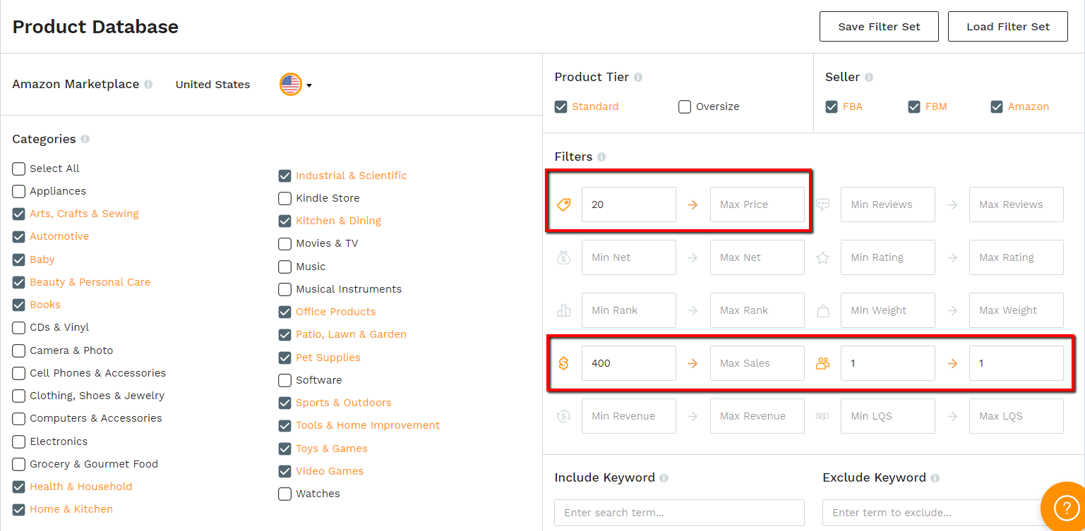 Database filters to find successful 3P sellers