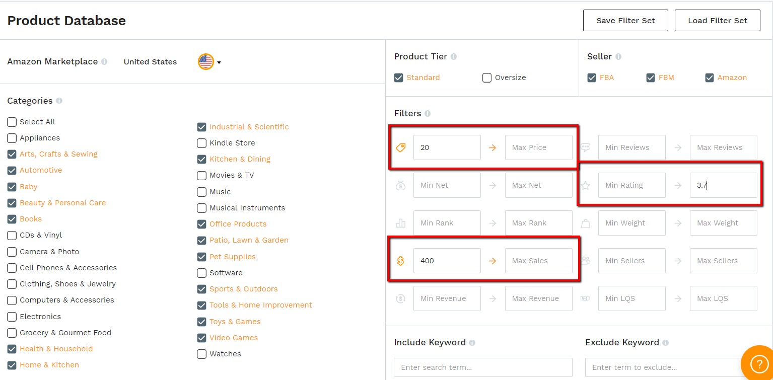 Jungle Scout Database; filters