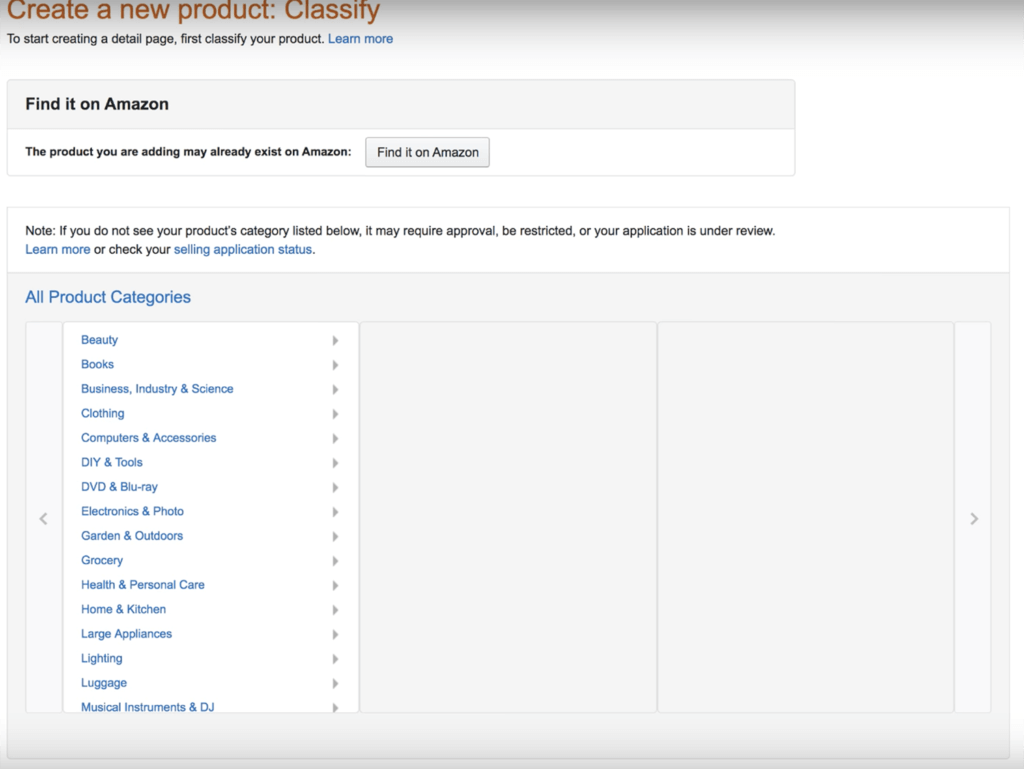 selecting a product category seller central