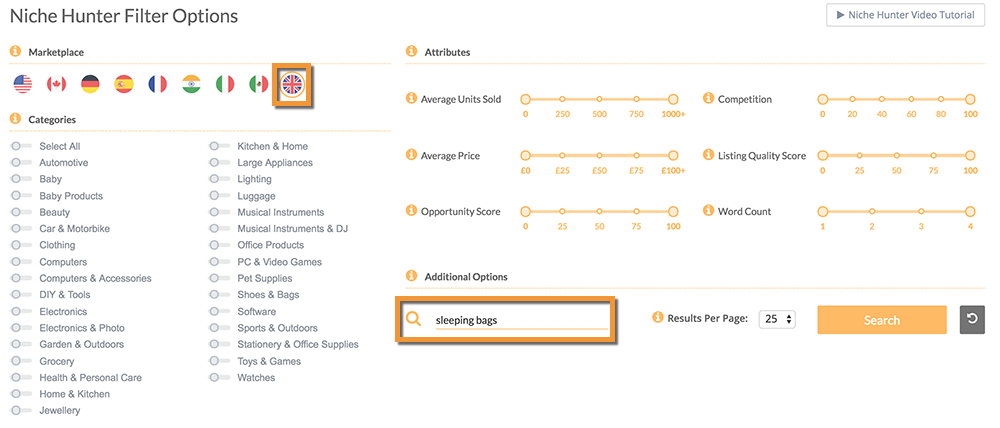 Jungle Scout Web App Niche Hunter keyword search