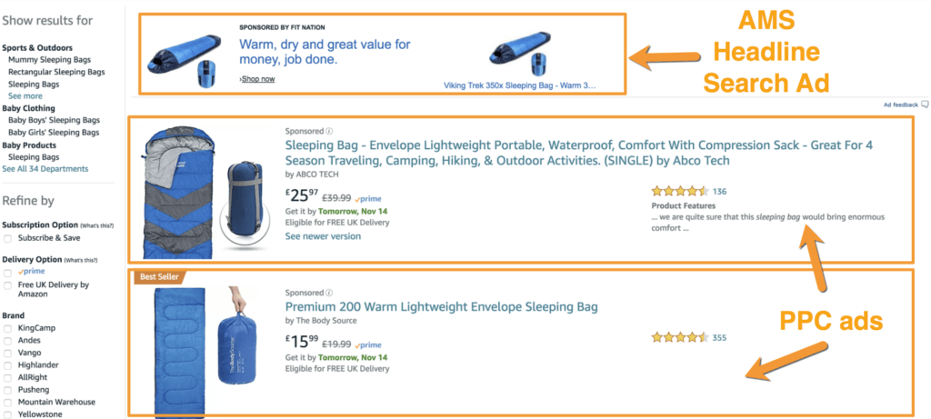 PPC ads example sleeping bags search result
