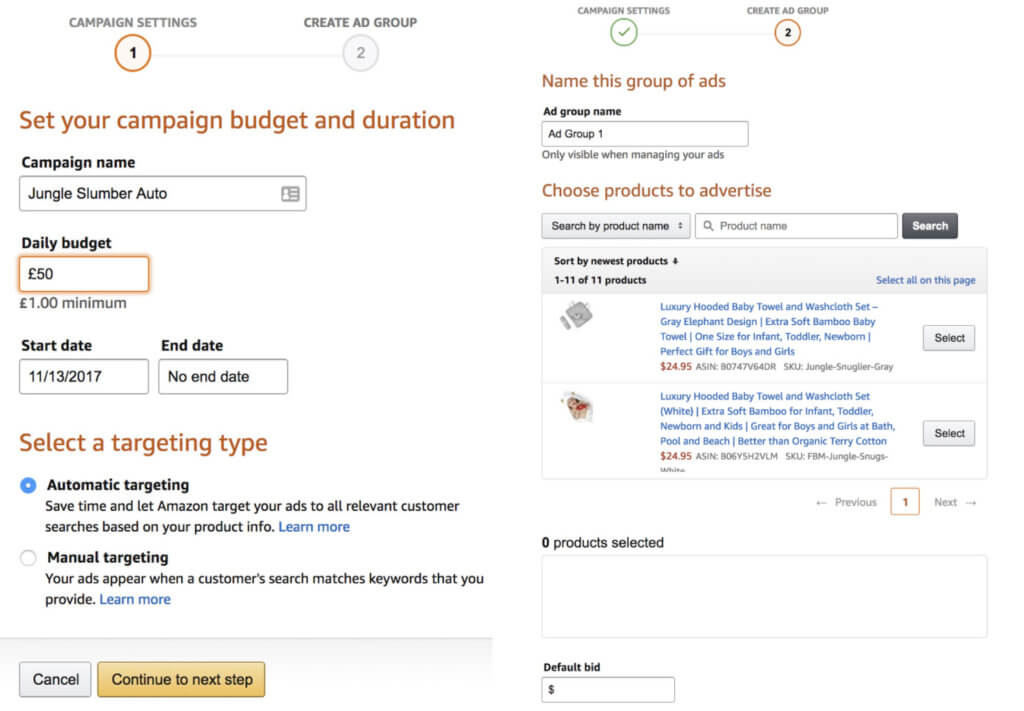 Setting up auto campaigns Amazon ppc