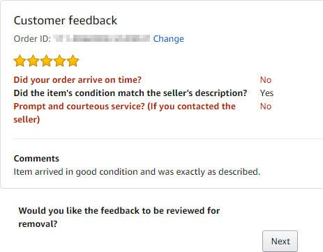 This is what feedback looks like during the Amazon feedback removal review.