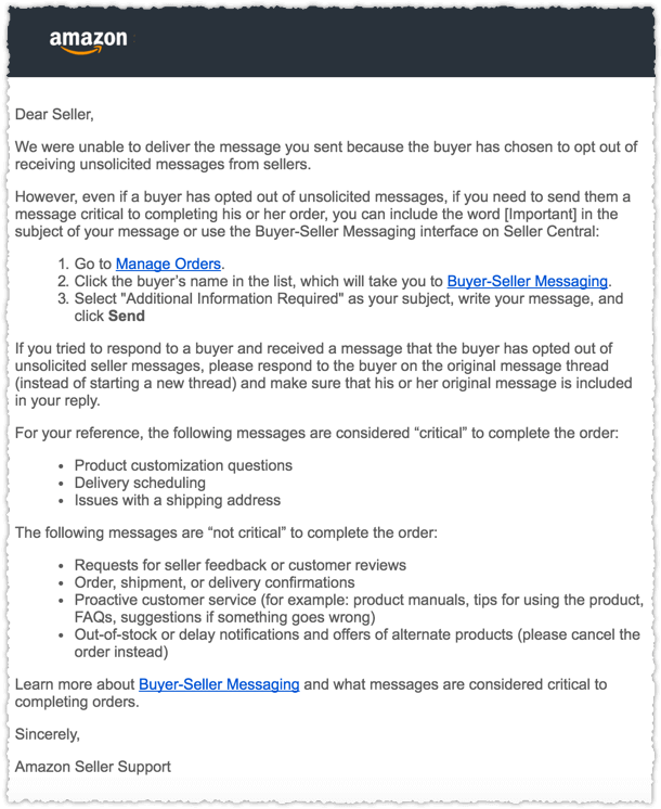 Letter to sellers, from Amazon Seller Support