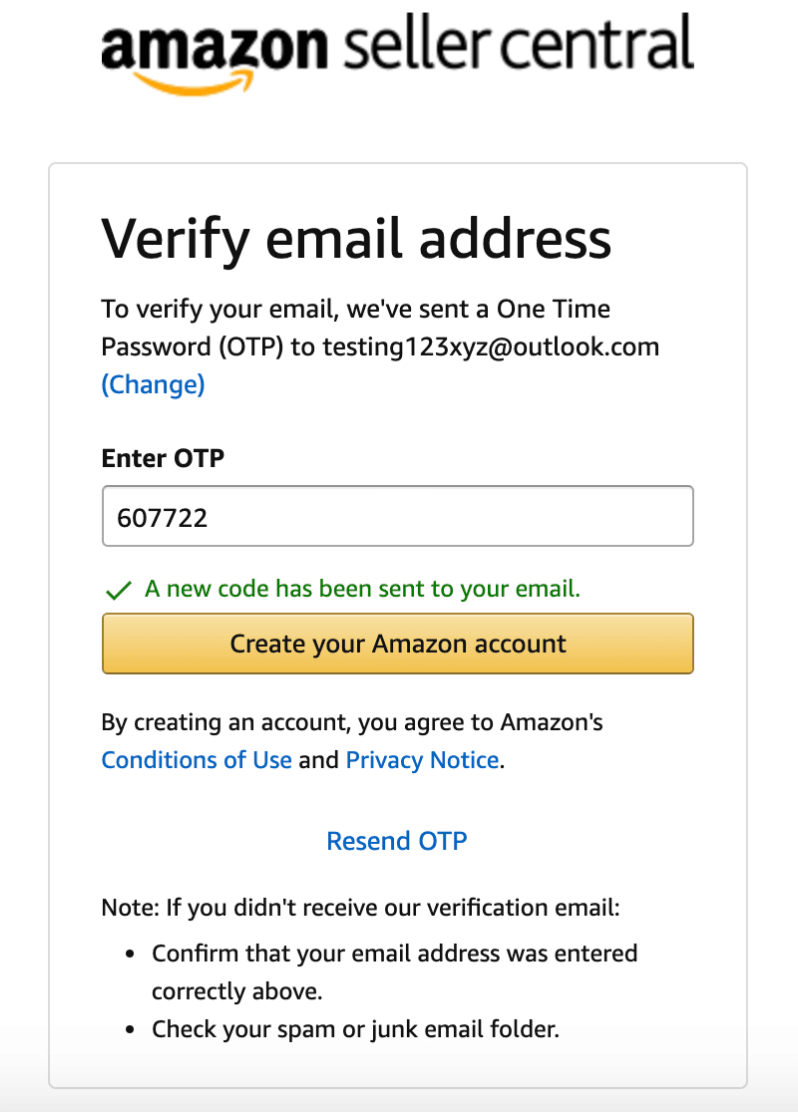 Amazon seller registration: verify email screen