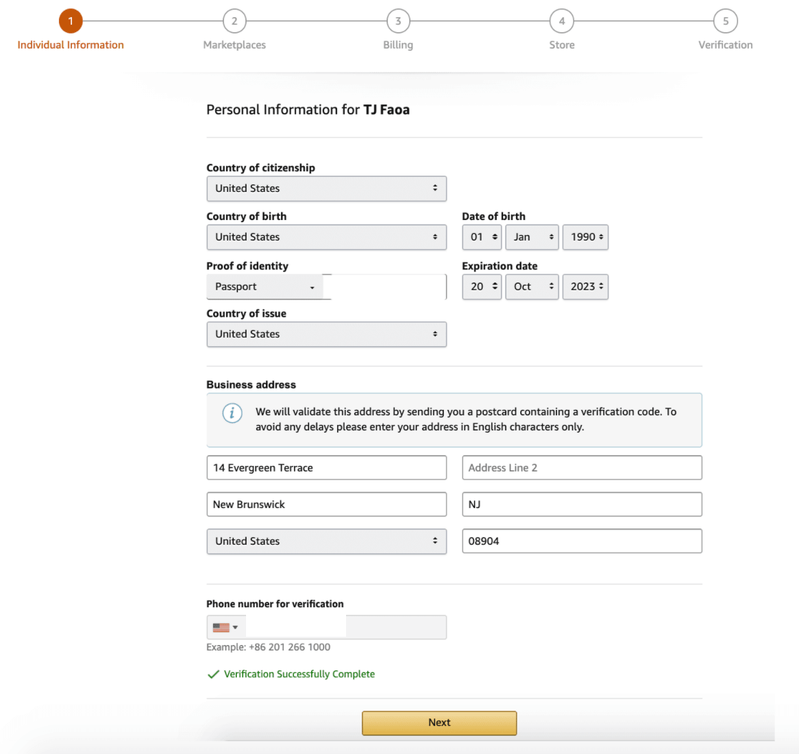 Amazon seller registration: personal information page