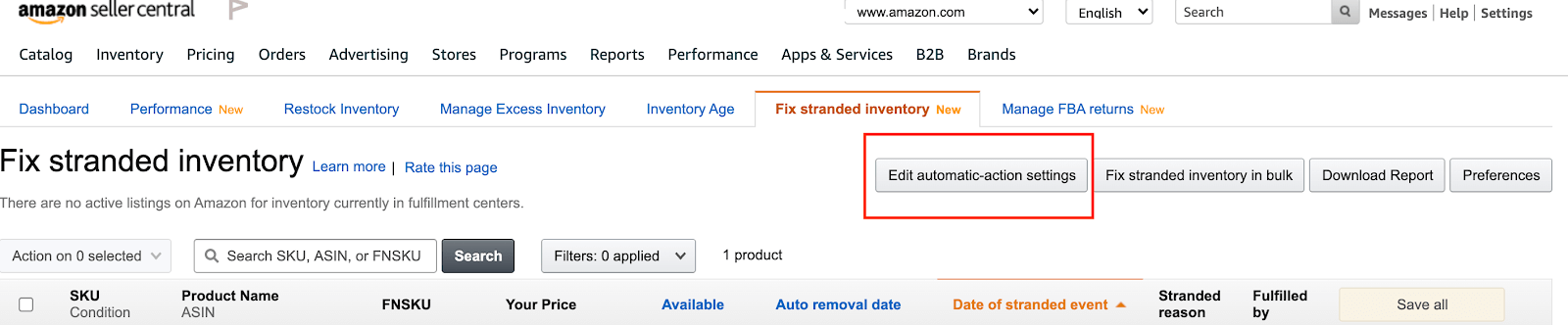 Amazon stranded inventory: settings