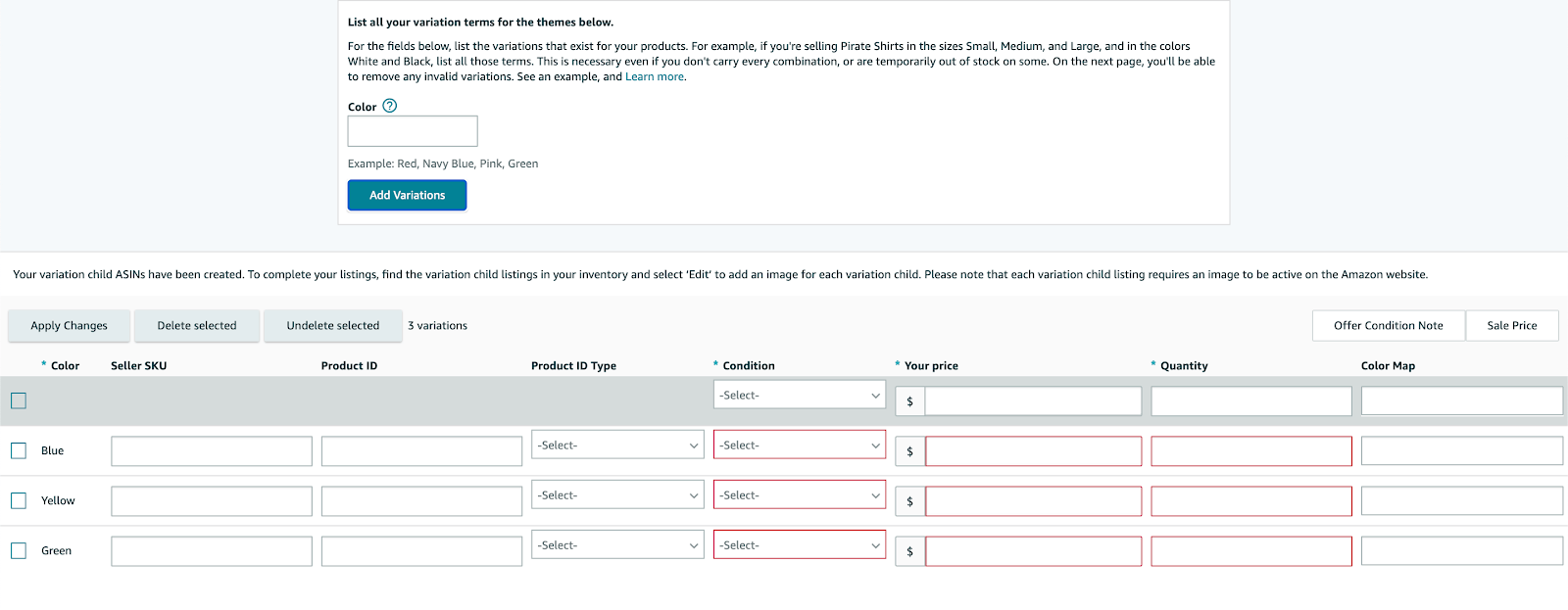 Amazon product listing variations: Seller Central