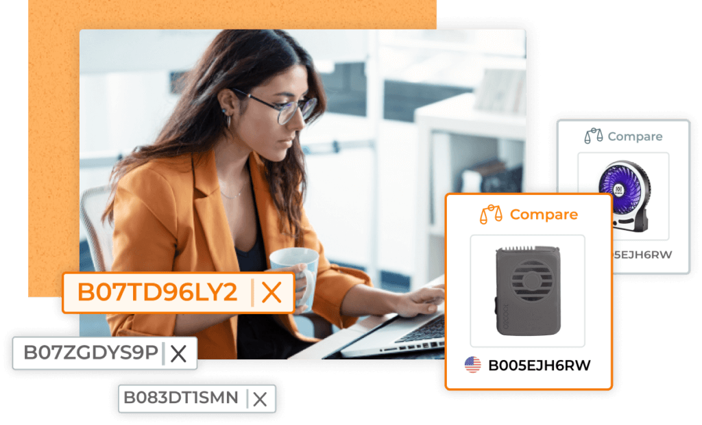 image of woman at laptop with multiple amazon ASINs and some products