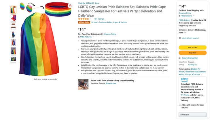 Amazon product listing for a rainbow cape, headband, and sunglasses set
