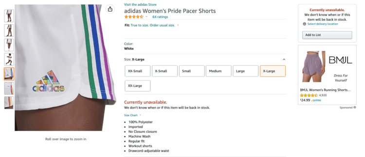 Amazon product listing for a pair of Pride-themed shorts
