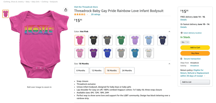 Amazon product listing for a Pride themed baby onesie
