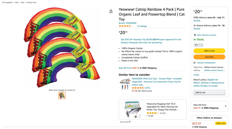 Amazon product listing for a set of rainbow-shaped cat toys