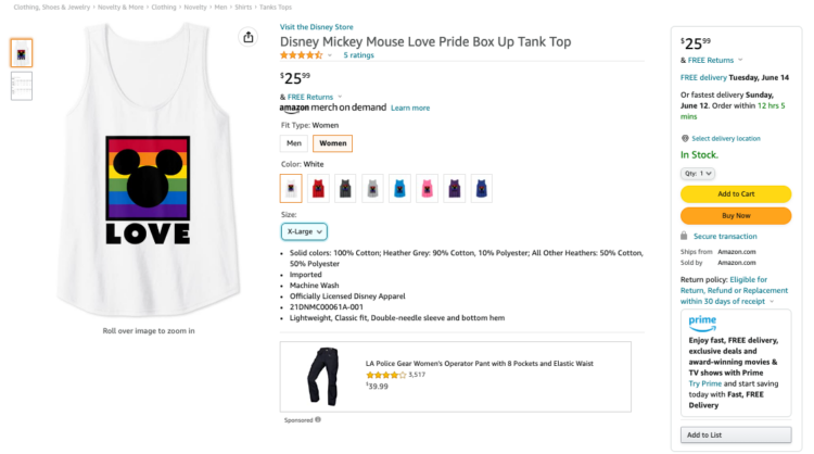 Amazon product listing for a Pride Mickey Mouse tank top