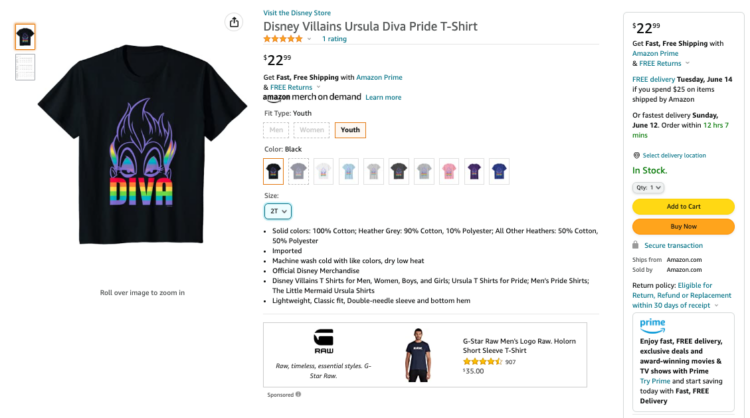 Amazon product listing for a Pride-themed Disney shirt featuring Ursula