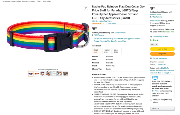 Amazon product listing for a rainbow-colored dog collar