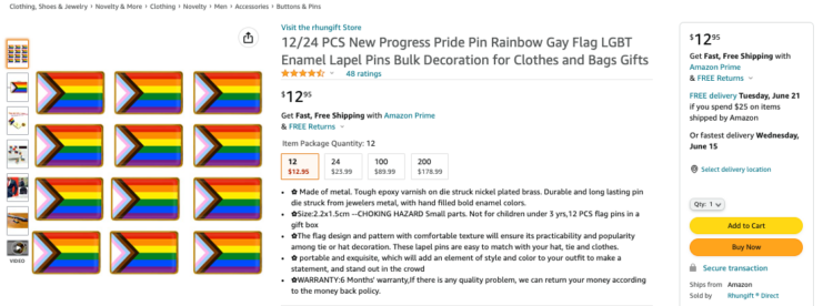 Amazon product listings for a set of Pride flag enamel pins