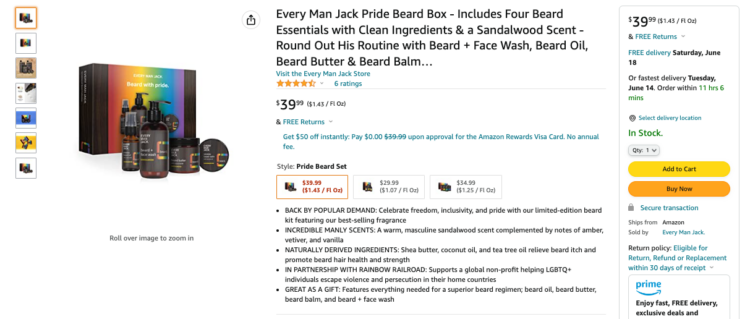 Amazon product listing for a Pride-themed set of Every Man Jack beard products