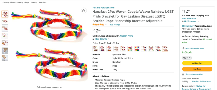 Amazon product listing for a set of two rainbow-colored woven bracelets