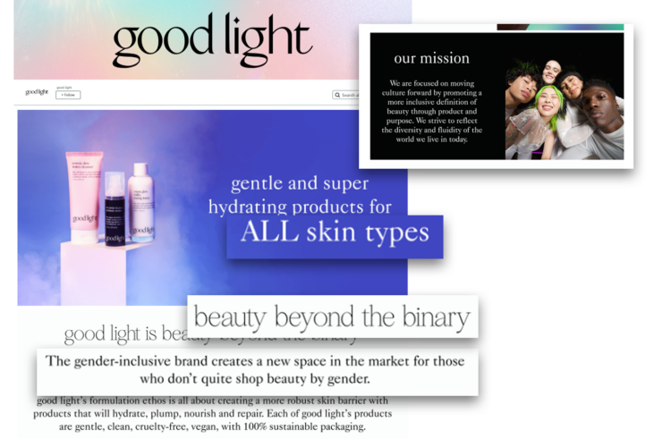 Amazon Storefront for the brand Good Light, with text highlighted that reads all skin types, beauty beyond the binary, and gender-inclusive brand