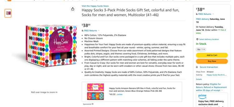 Amazon product listing for a Pride-themed set of socks