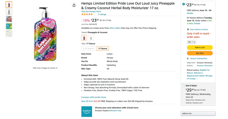 Amazon product listing for Hempz moisturizer in a rainbow-themed bottle