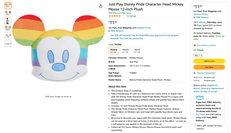 Amazon product listing for a rainbow-themed Mickey Mouse plush toy