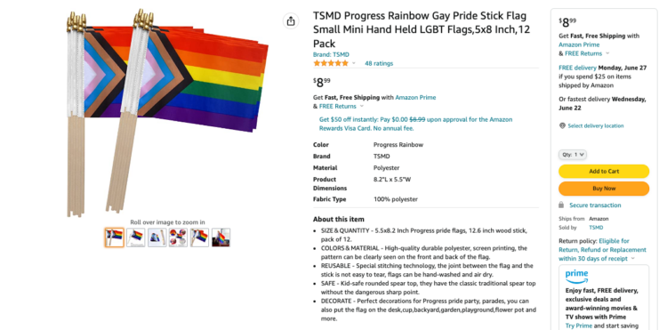 Amazon product listing for a set of miniature Pride flags on sticks
