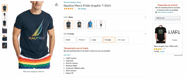 Amazon product listing for a Nautica brand Pride-themed shirt with a rainbow colored sailboat graphic