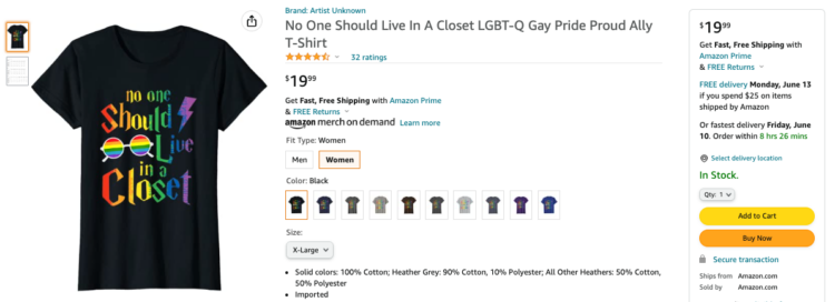 Amazon product listing for a Pride ally shirt that reads no one should live in a closet and features rainbow icons of Harry Potter's glasses and lightning bolt