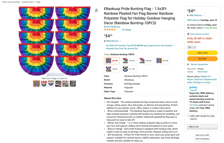 Amazon product listing for rainbow-colored decorative bunting