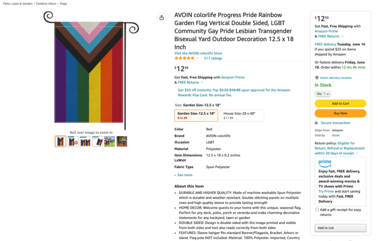 Amazon product listing for a large outdoor Pride flag