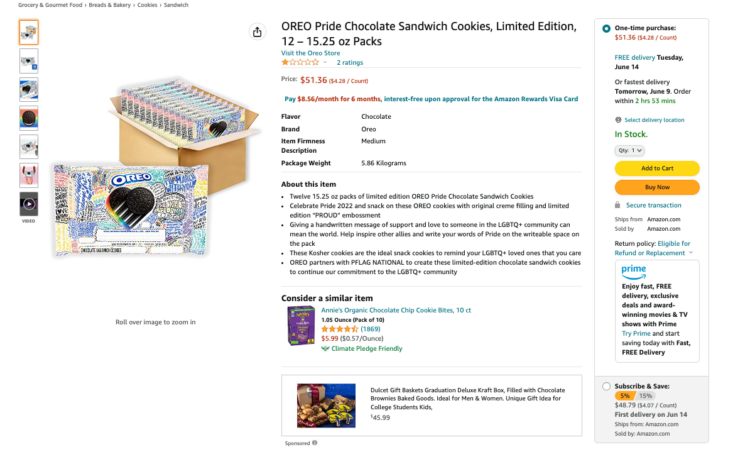 Amazon product listing for Pride-themed Oreo cookies in rainbow colored packaging