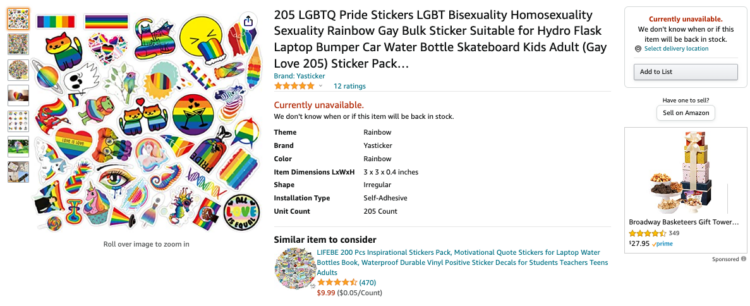 Amazon product listing for a set of Pride-themed stickers