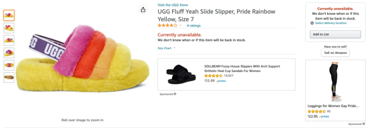 Amazon product listing for a set of fuzzy, rainbow-colored Ugg brand slipper sandals
