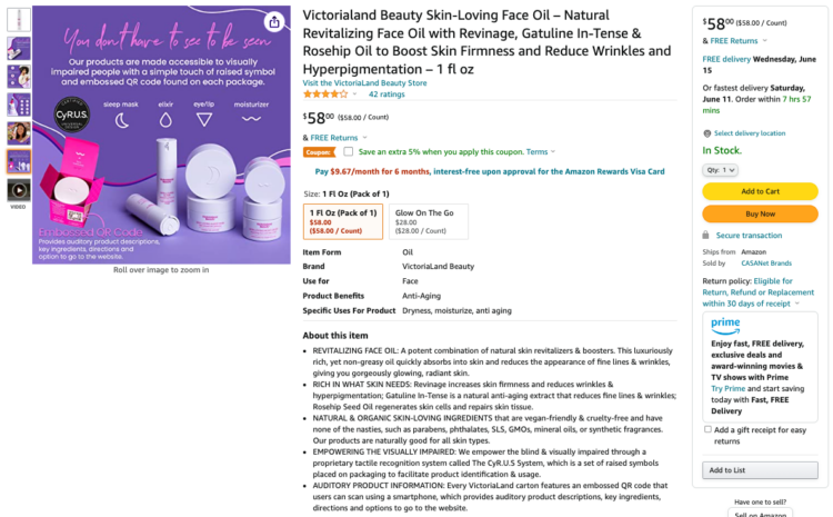 Amazon product listing showing an image of Victorialand beauty products with brail labels and a scannable QR code on the packaging