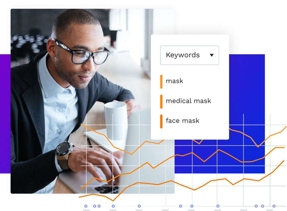 Man looking at keywords on his laptop