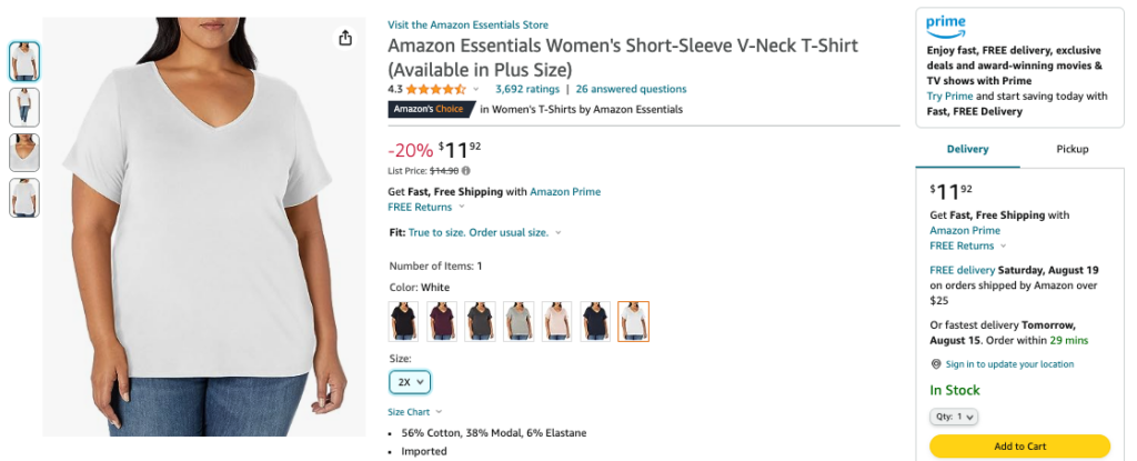 An image of an Amazon product listing for an Amazon Essentials brand v-neck t-shirt.