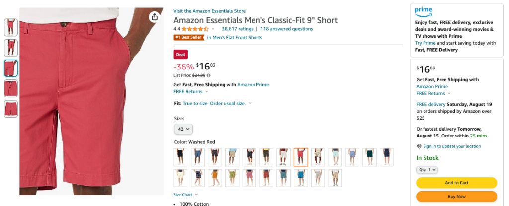 An image of an Amazon product listing for Amazon Essentials brand men's shorts.