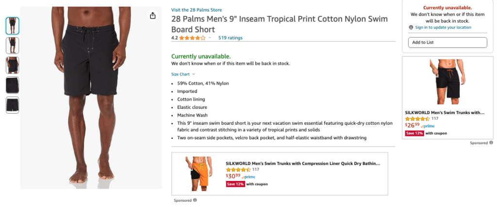 An image of an Amazon product listing for 28 Palms brand men's board shorts. The image shows that the product is currently unavailable.