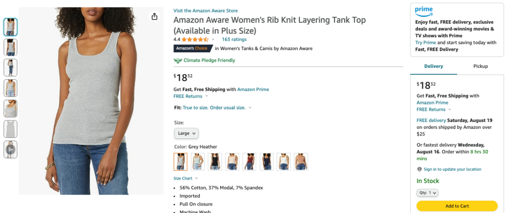 An image of an Amazon product listing for an Amazon Aware brand women's tank top.