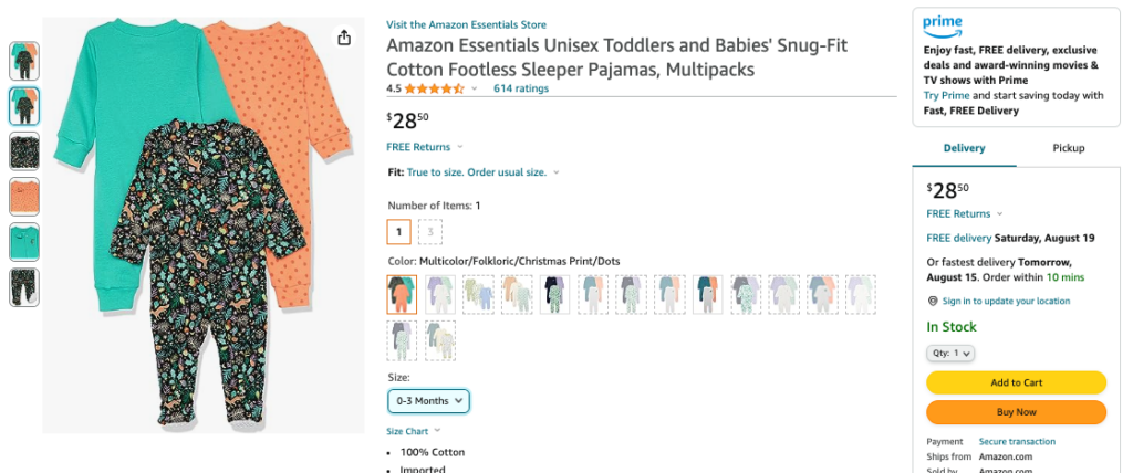 An image of an Amazon listing for an Amazon Essentials brand set of baby pajamas.