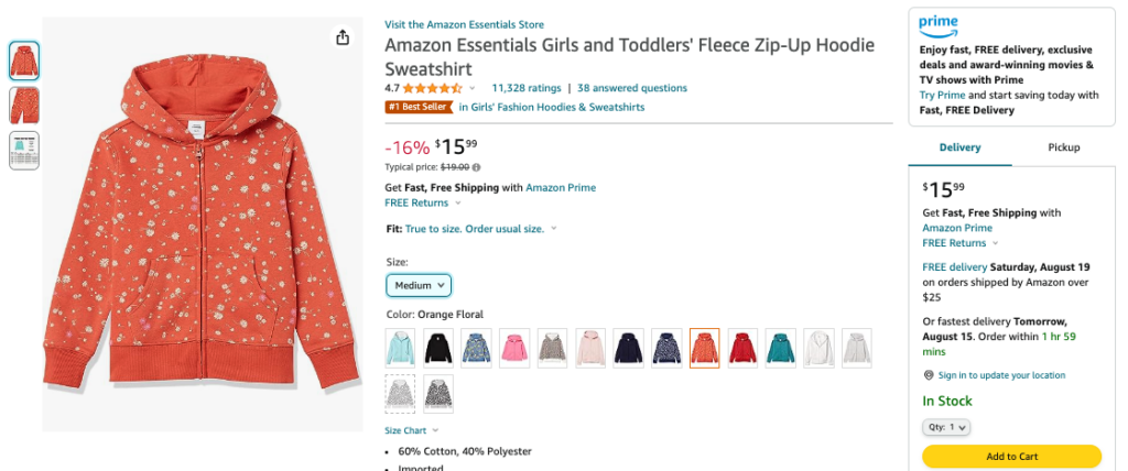 An image of an Amazon product listing for an Amazon Essentials brand children's sweatshirt.