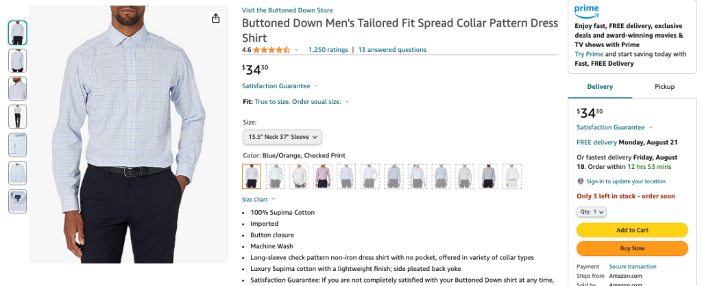 An image of an Amazon product listing for a Buttoned Down brand men's dress shirt.