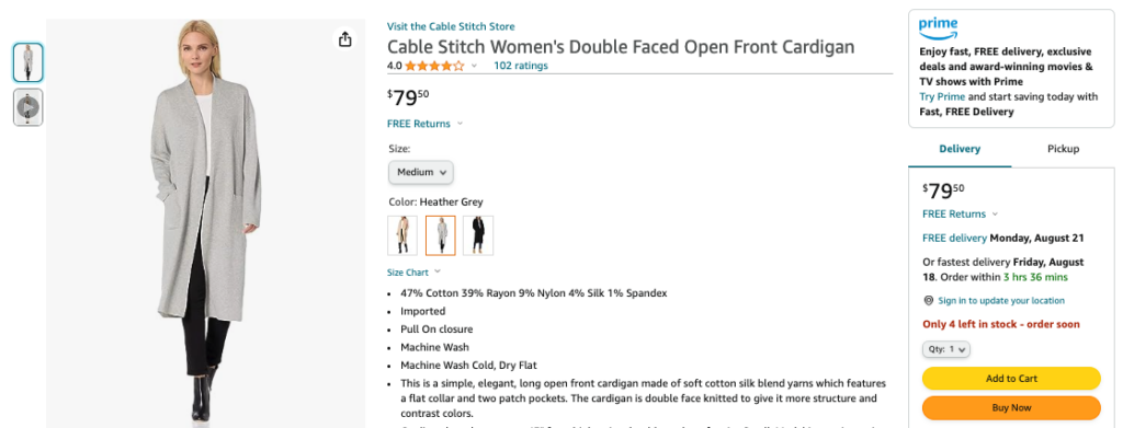 An image of an Amazon product listing for a Cable Stitch brand women's cardigan.
