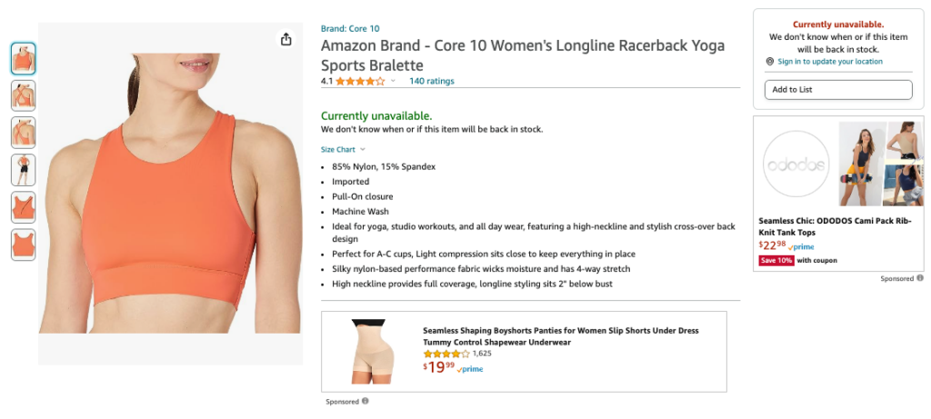 An image of an Amazon product listing for a Core 10 brand women's sports bra.